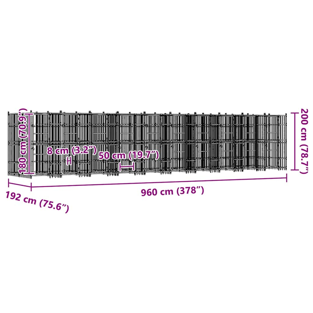 Eine lange, dunkle Gitterstruktur mit Maßangaben: L 960cm, H 180cm & 200cm.