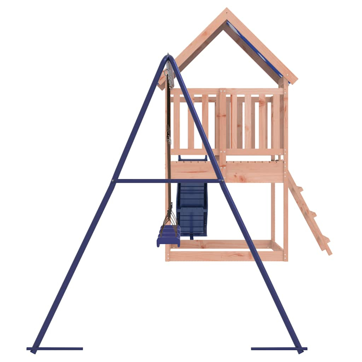 Ein hölzerner Spielturm mit einer blauen Schaukel und einer Rutsche.