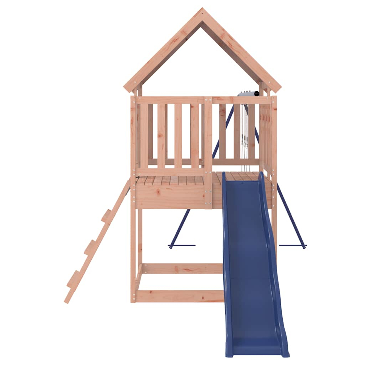 Holzspielhaus mit Rutsche, Leiter und Schaukelgestell.