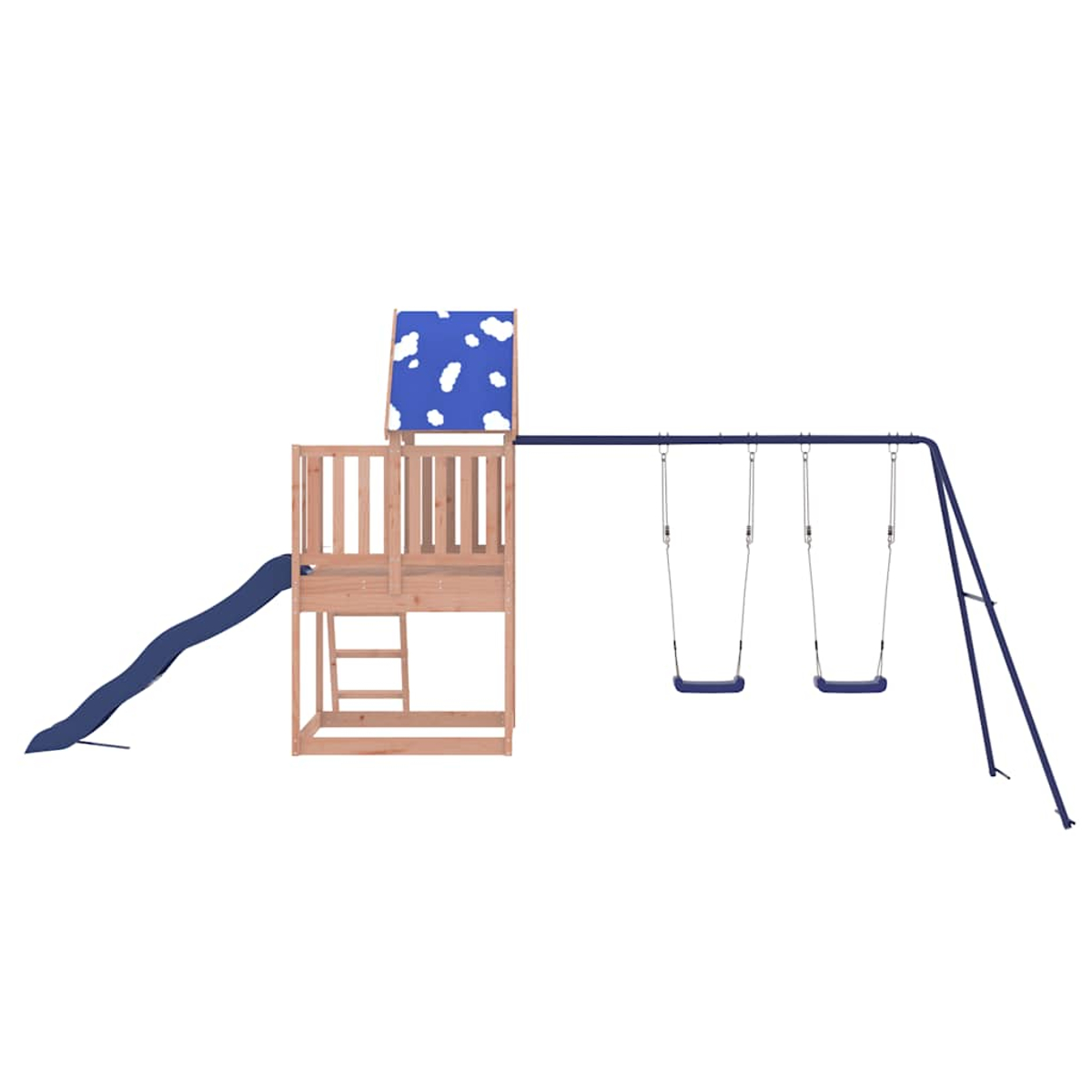 Holzspielturm mit Rutsche, Leiter und zwei Schaukeln, blauer Himmel-Baldachin.
