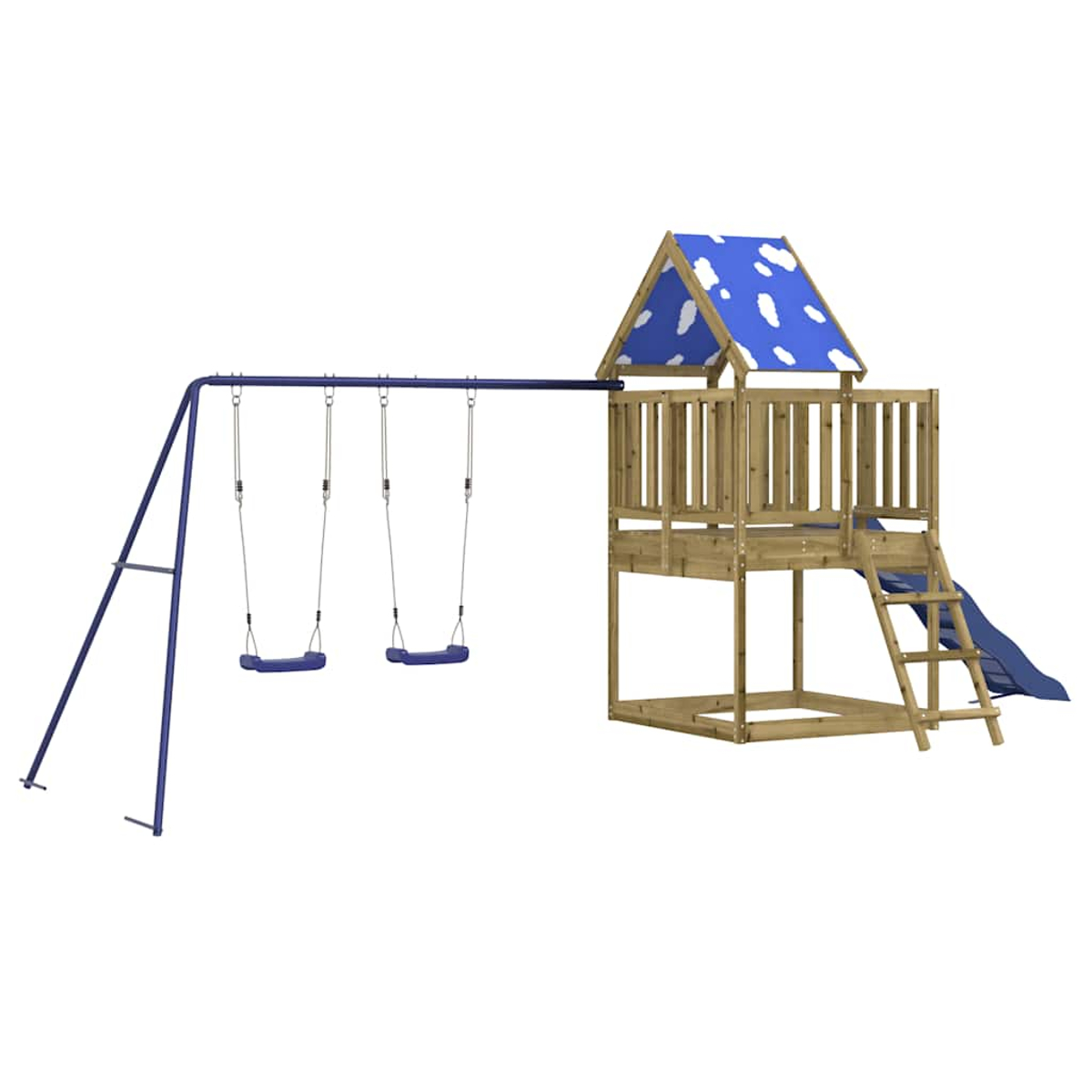 Ein Holzspielturm mit Rutsche, Schaukeln und blauem Dach mit Wolken.