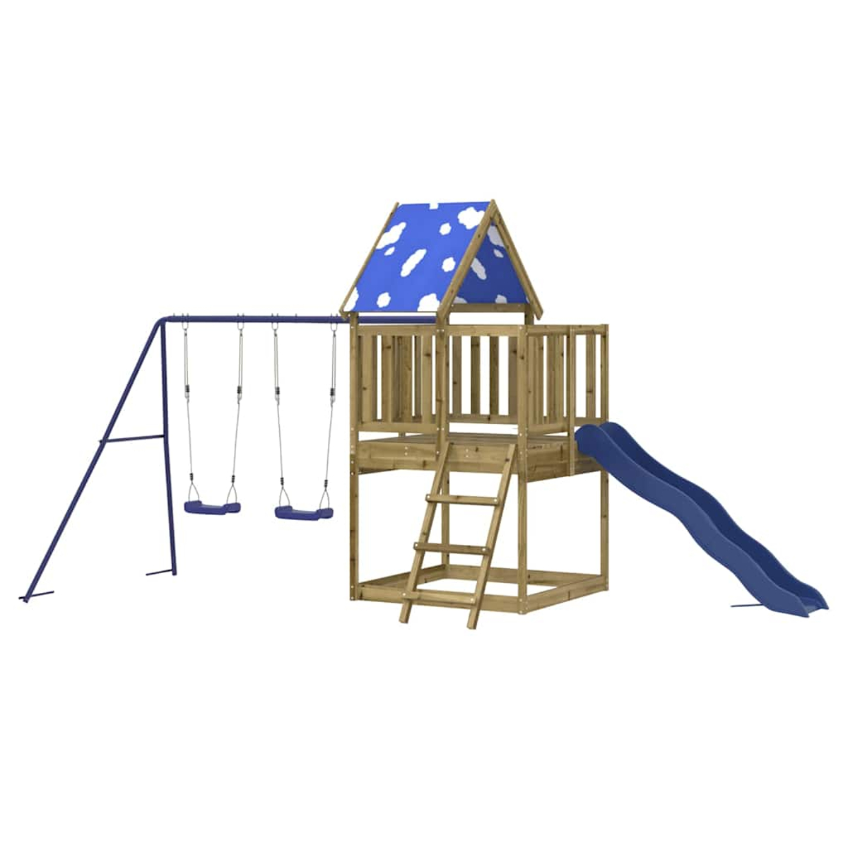 Holz-Spielturm mit Schaukeln, Rutsche, Leiter und blau-weißer Dachabdeckung.
