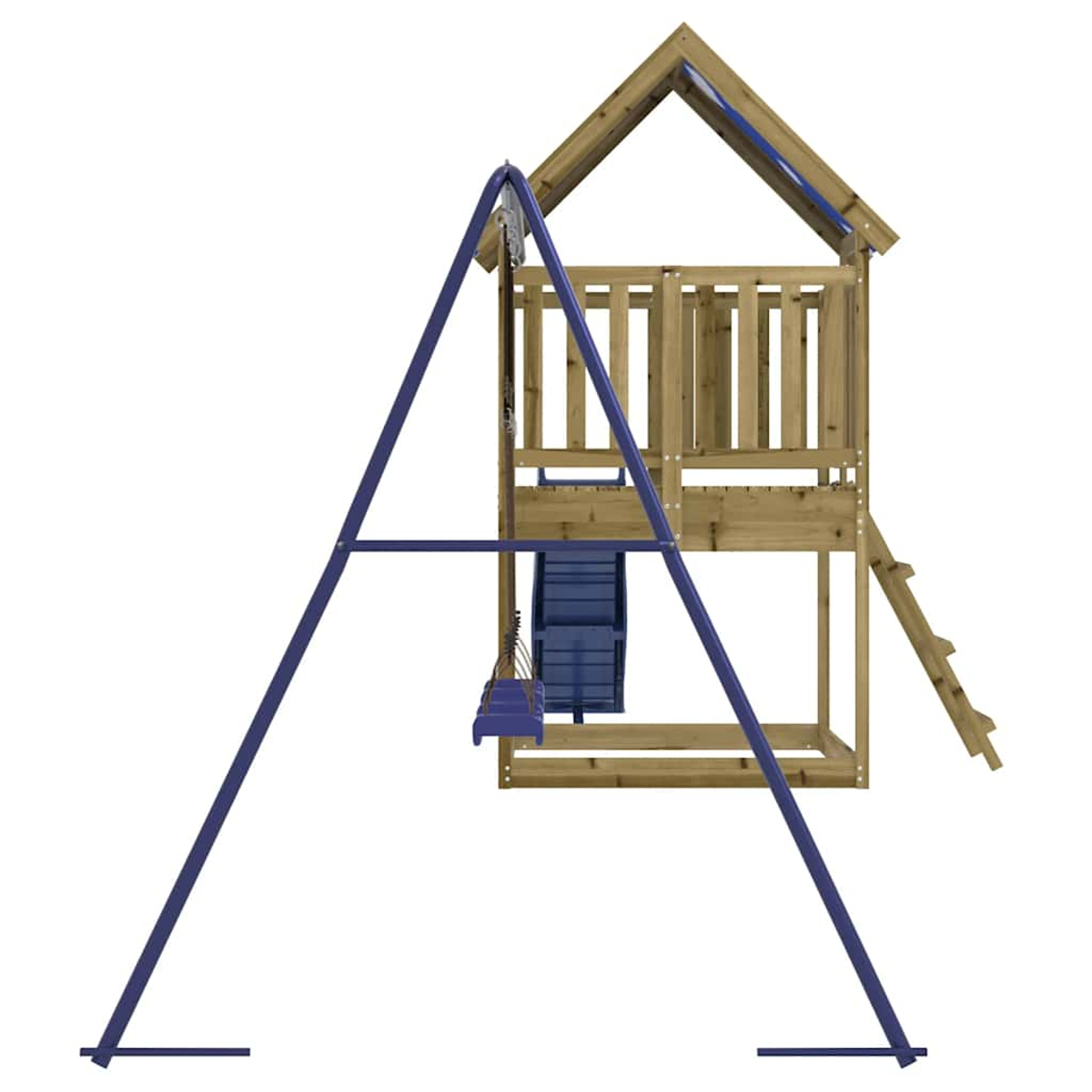 Holzspielhaus mit Schaukelgestell und blauer Rutsche. Weiße Rückwand.