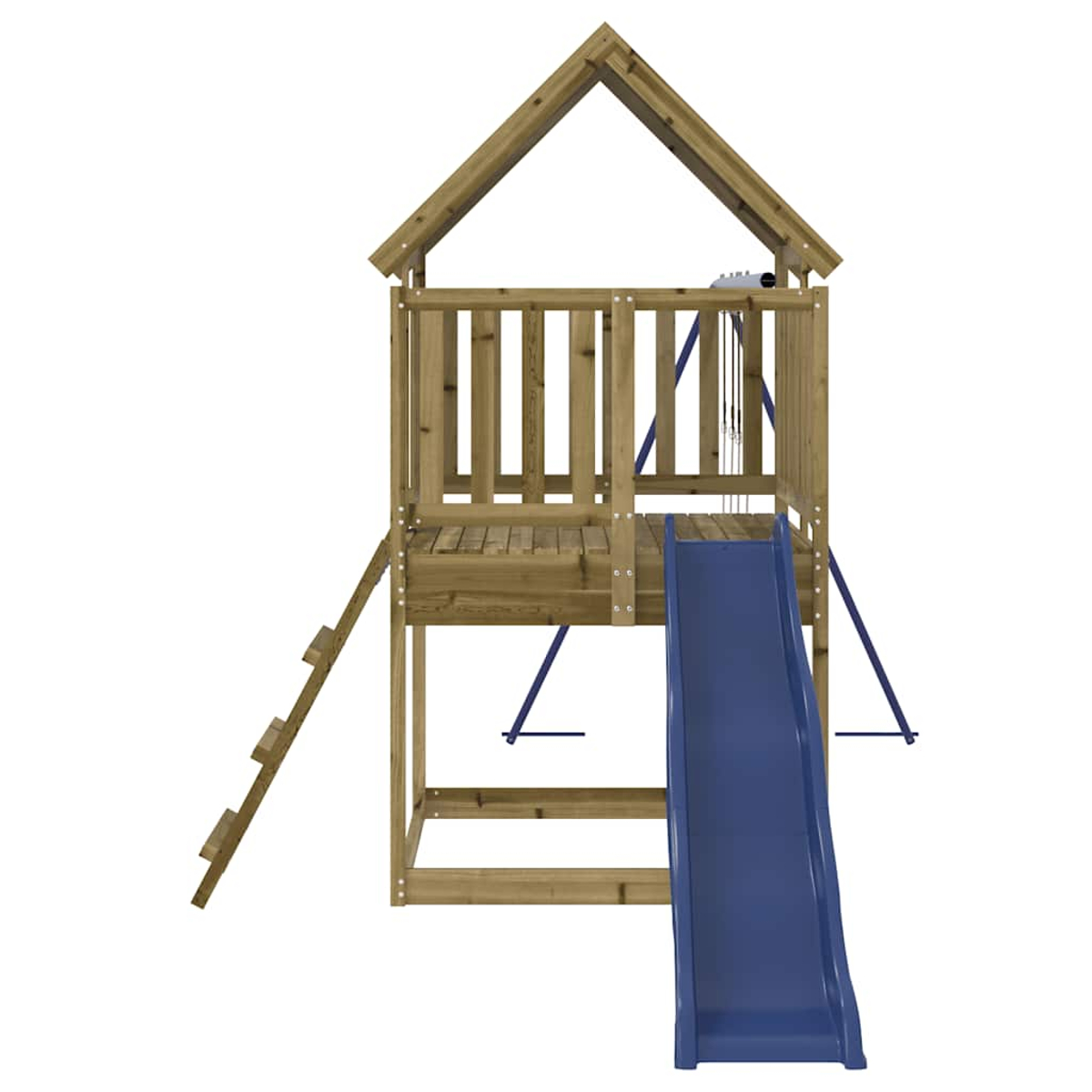Holzspielturm mit Leiter, Rutsche und Schaukel.