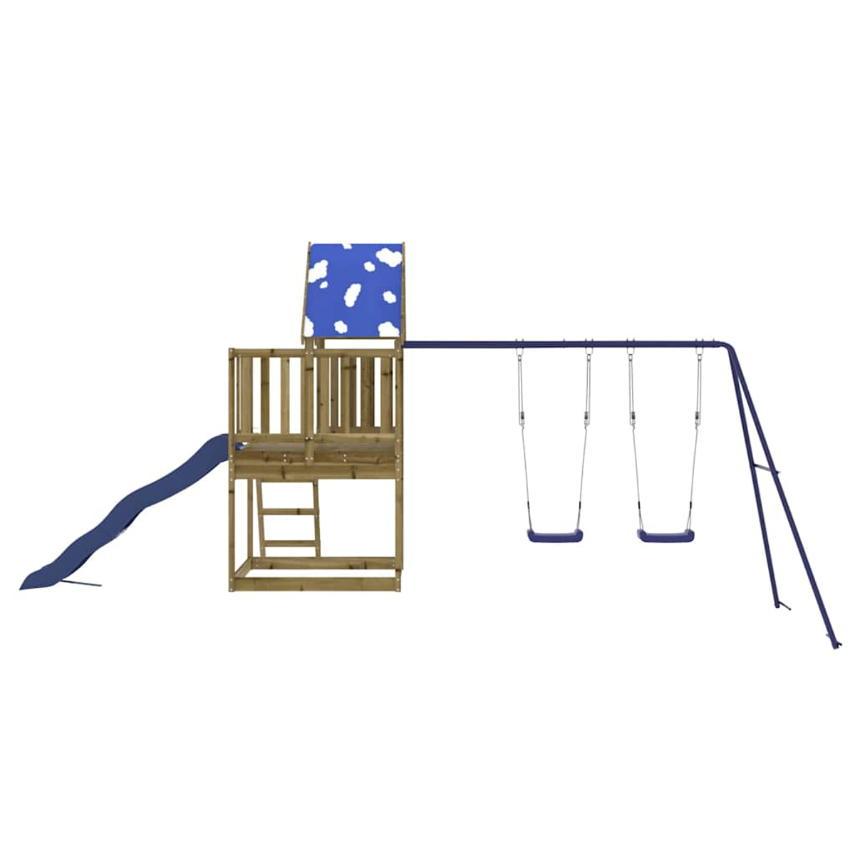 Holzspielturm mit Rutsche, Leiter und zwei Schaukeln auf blauem Metallgestell.