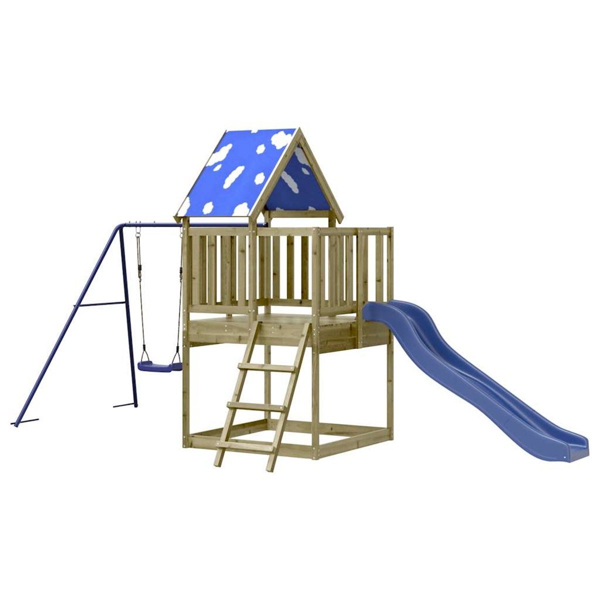 Casa giochi in legno con tetto blu, scivolo, altalena e scala.