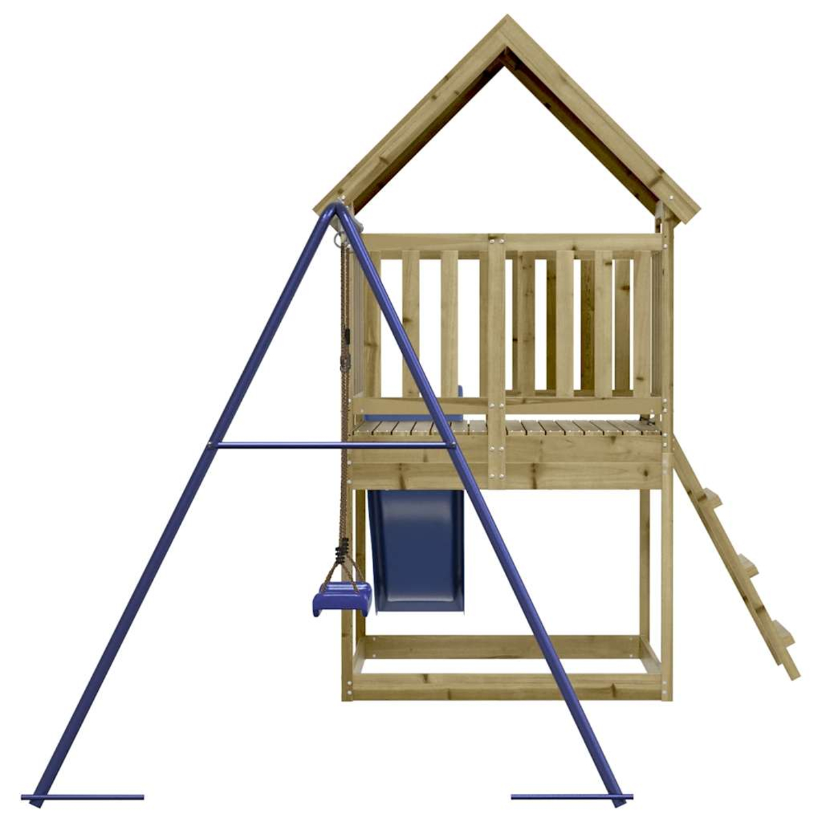 Casa gioco in legno con scivolo blu, altalena e scala.