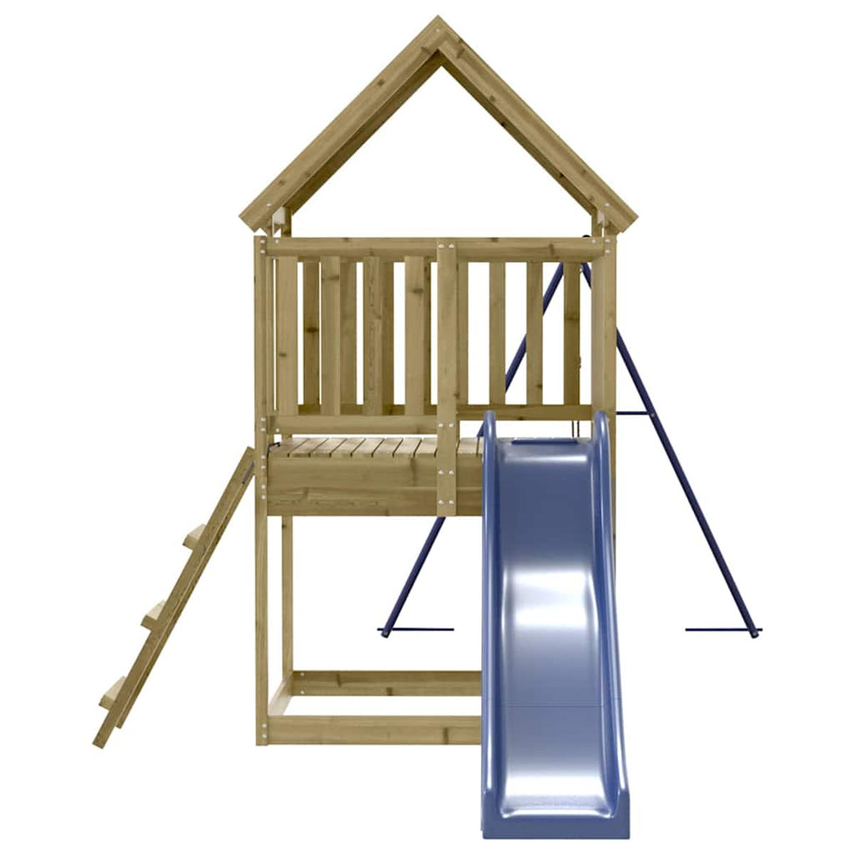 Una casa giochi in legno con scala, piattaforma, tetto e scivolo blu.
