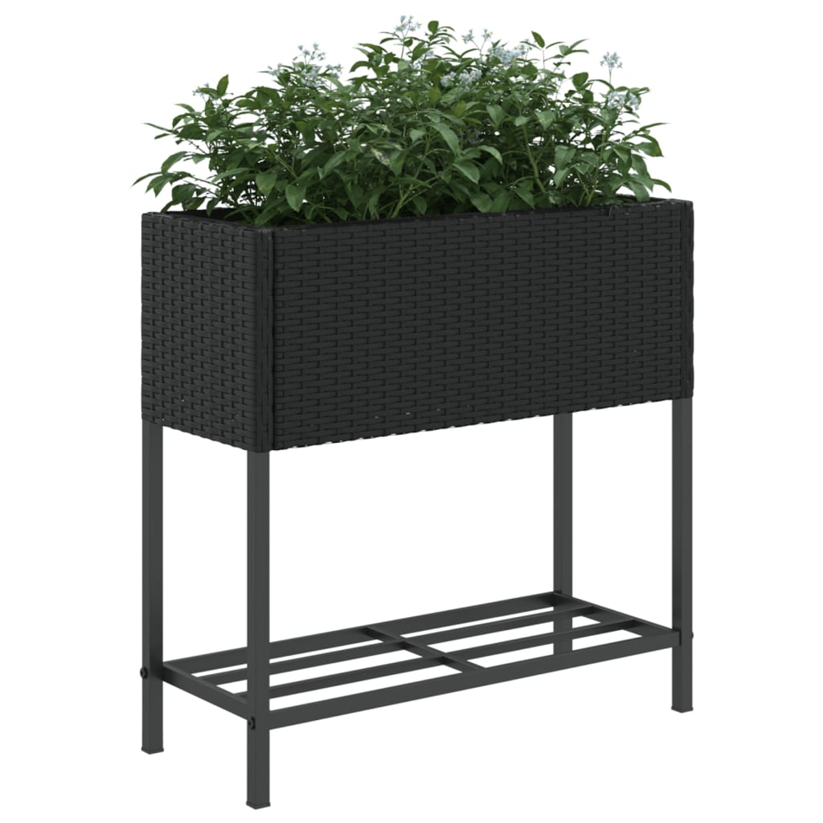 Una fioriera rialzata nera con piante su un supporto metallico con ripiano.