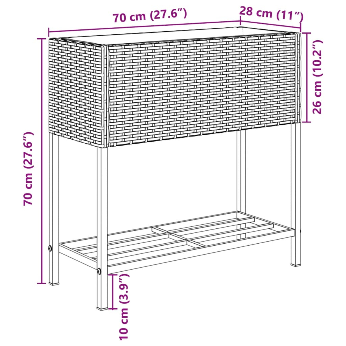 Fioriera in rattan marrone su telaio metallico con ripiano. Dimensioni: 70x28x70 cm.