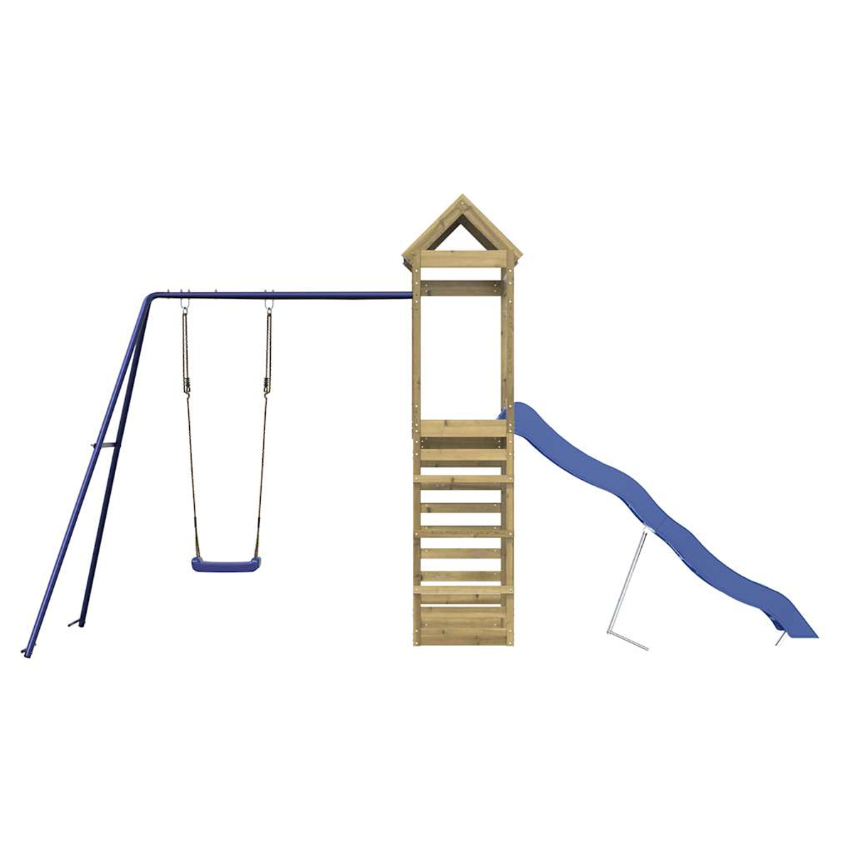 Struttura gioco in legno con scivolo blu e altalena.