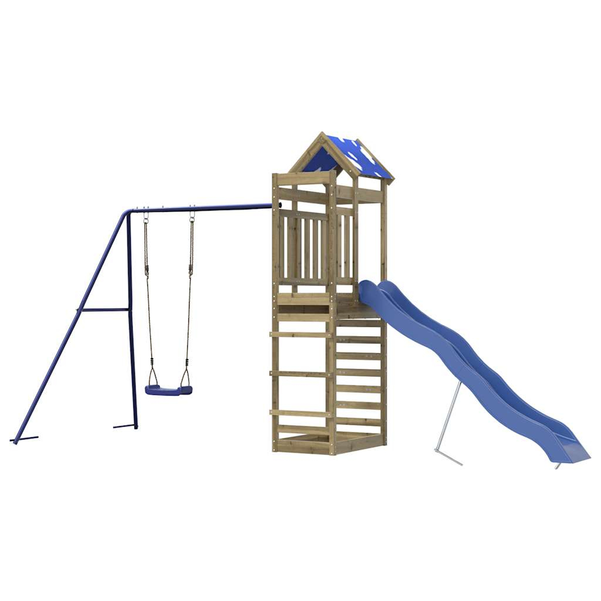 Struttura gioco in legno con scivolo blu e altalene.