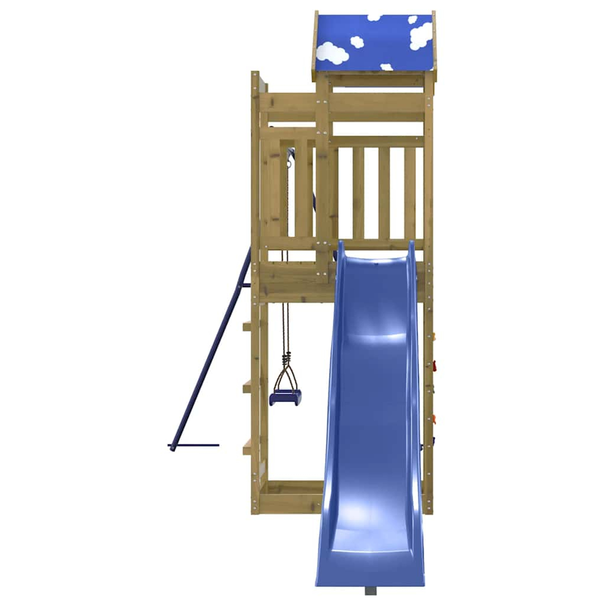 Struttura gioco in legno con scivolo blu, altalena e tetto a tema cielo.