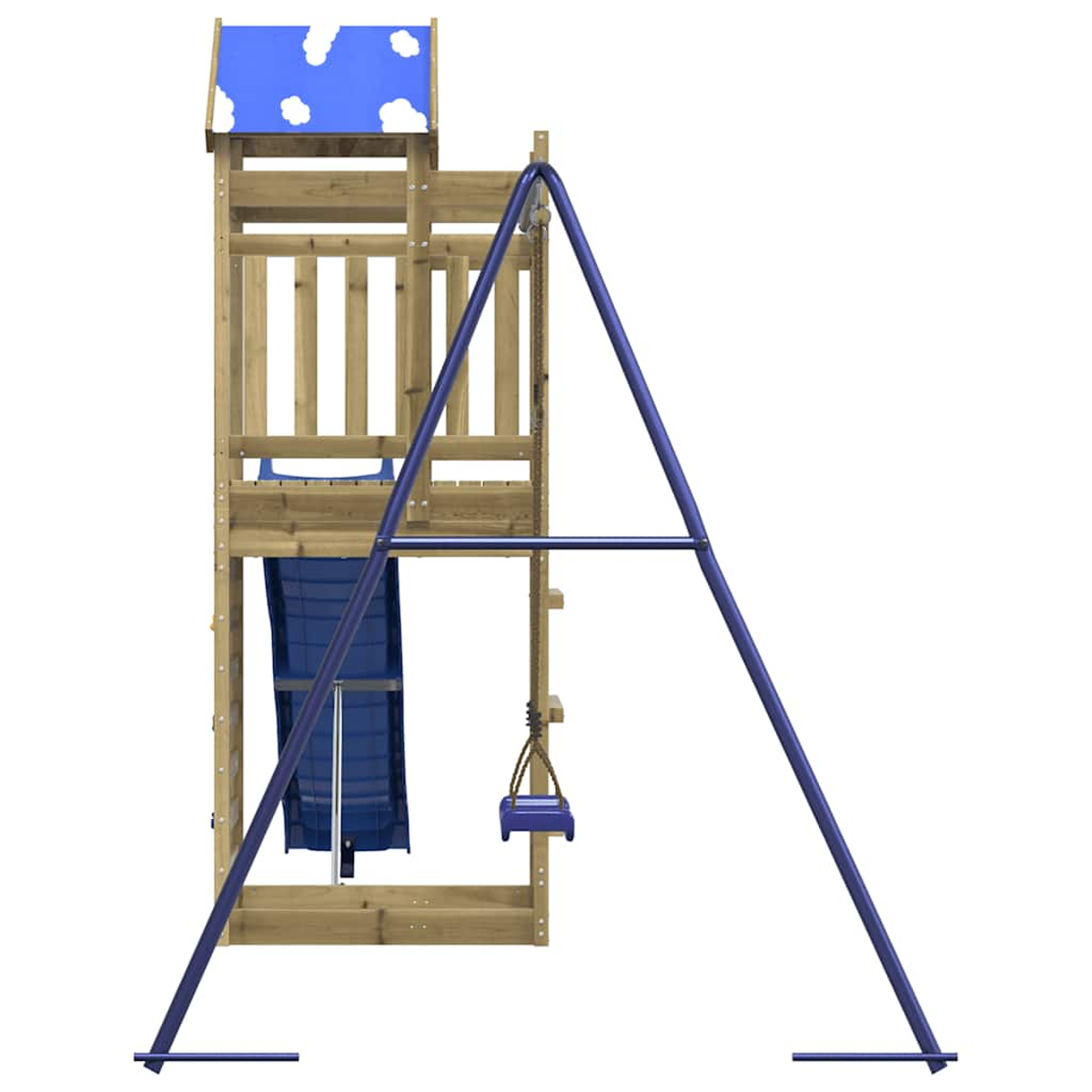 Struttura gioco in legno con tetto blu, scivolo e altalena. Sfondo bianco.