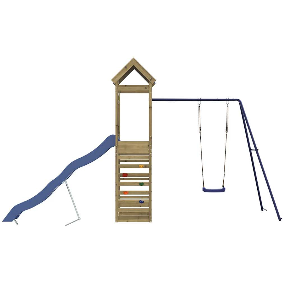 Una struttura giochi in legno con scivolo, parete da arrampicata e altalene.