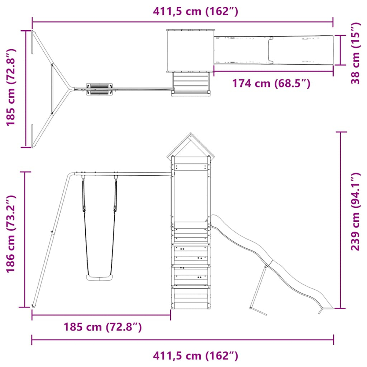 Struttura gioco con altalene, scivolo, scala e dimensioni.