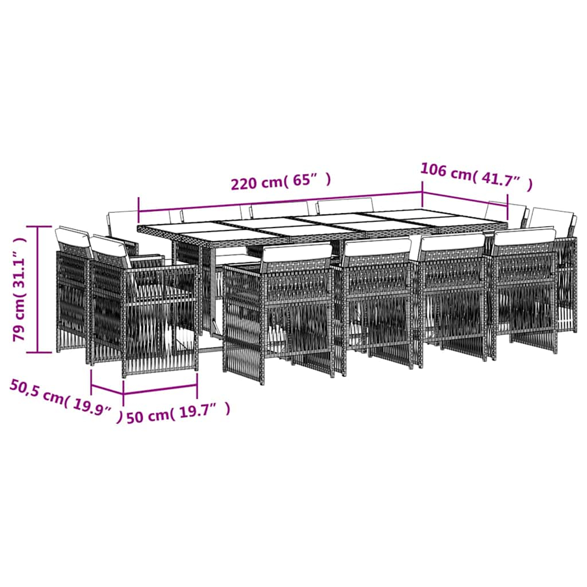 Geflochtenes Ess-Set mit Tisch (220cm) und 10 Stühlen. Maße sind angegeben.
