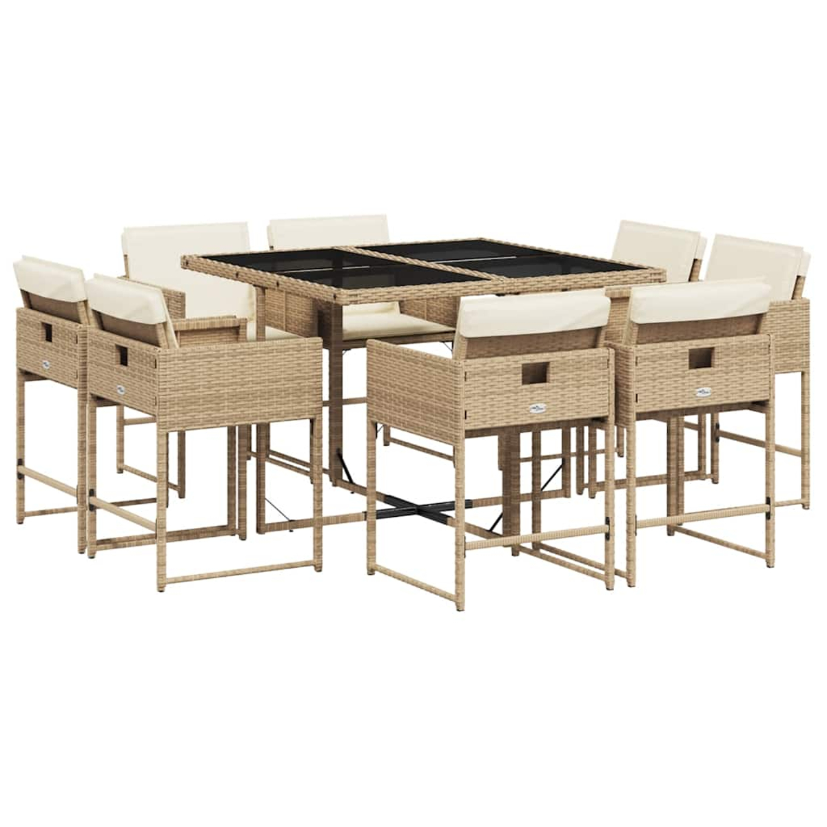 Ein braunes Rattan-Bartisch-Set mit acht Hockern und cremefarbenen Kissen.
