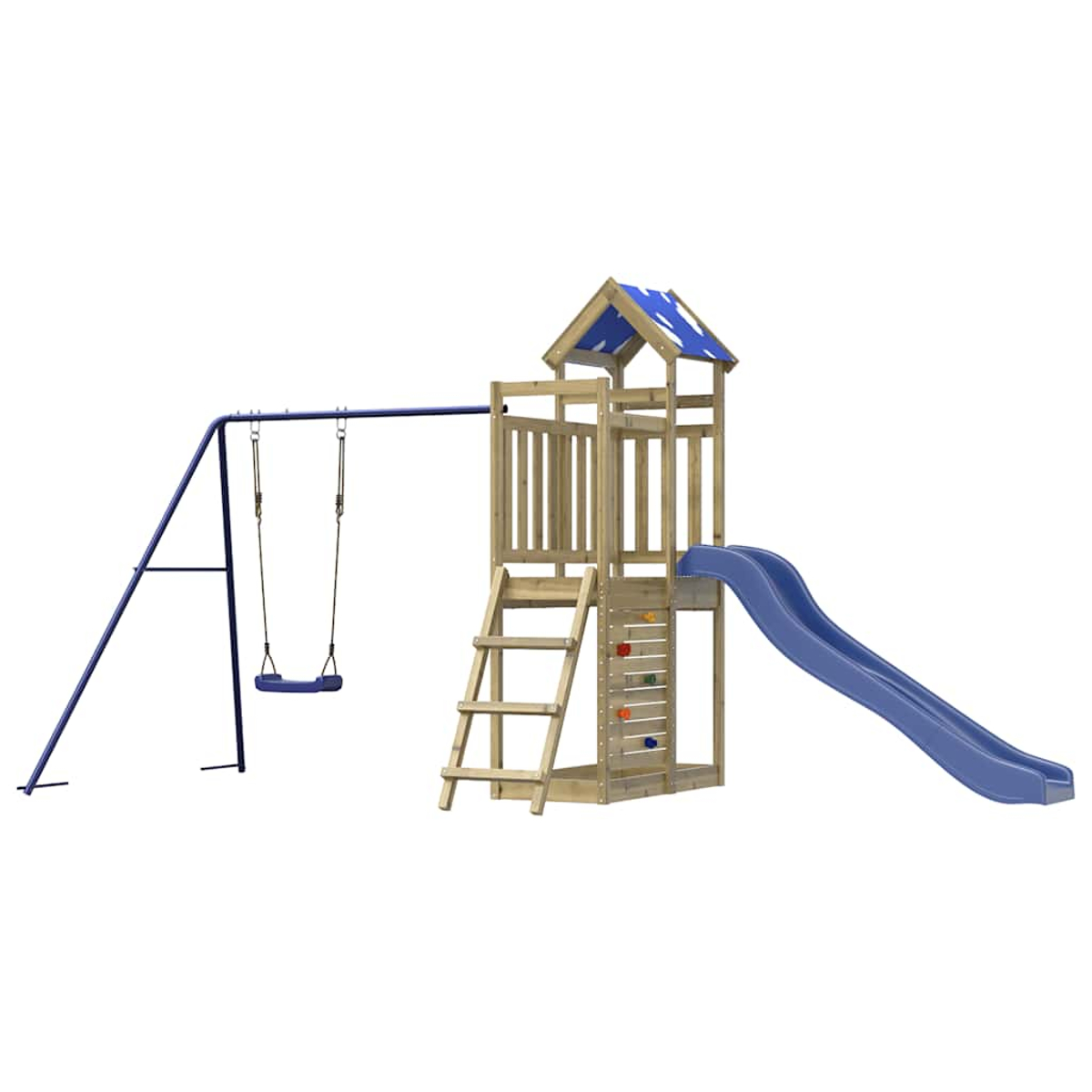Struttura gioco in legno con altalena, scivolo, scala e arrampicata.