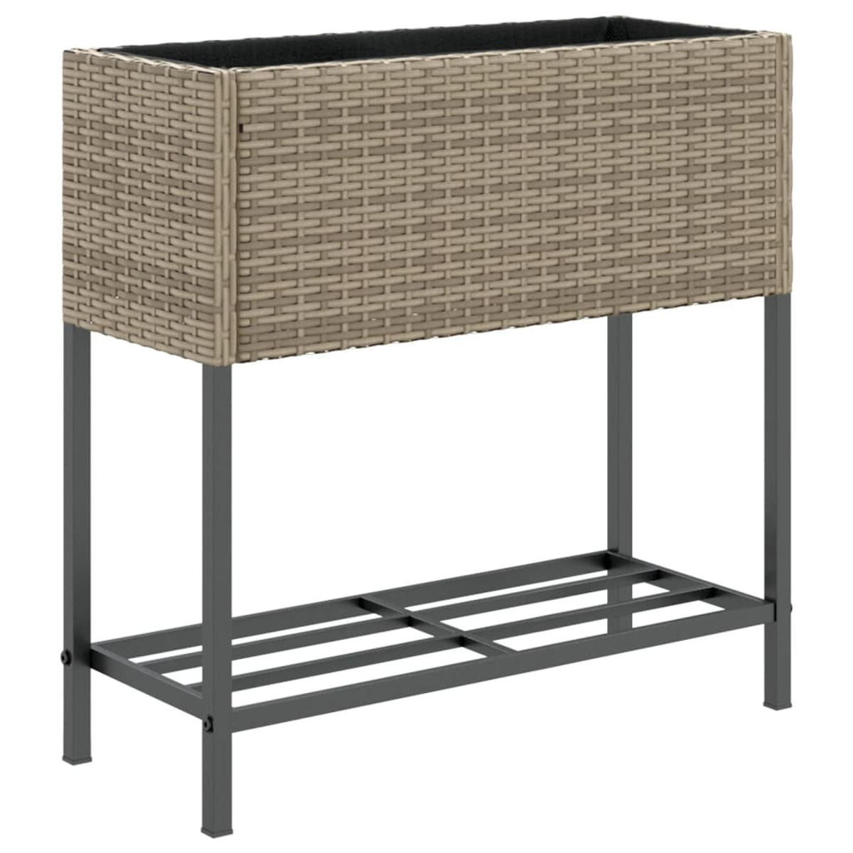 Un fioriera rettangolare in rattan marrone su telaio in metallo grigio con ripiano.