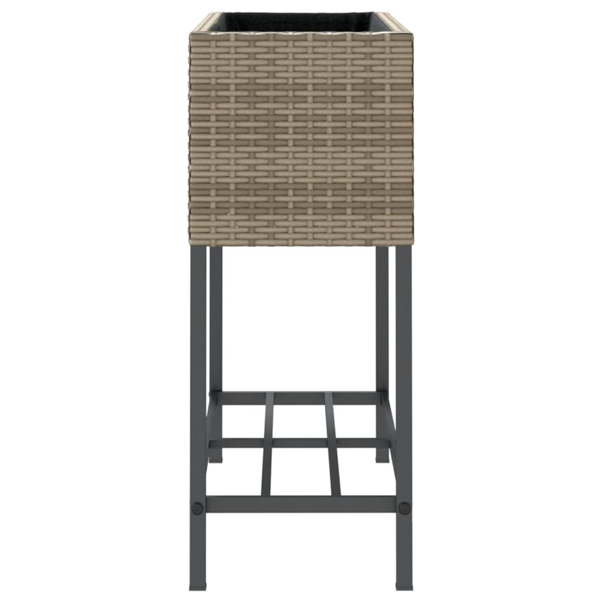 Fioriera rettangolare in rattan marrone su supporto metallico scuro.