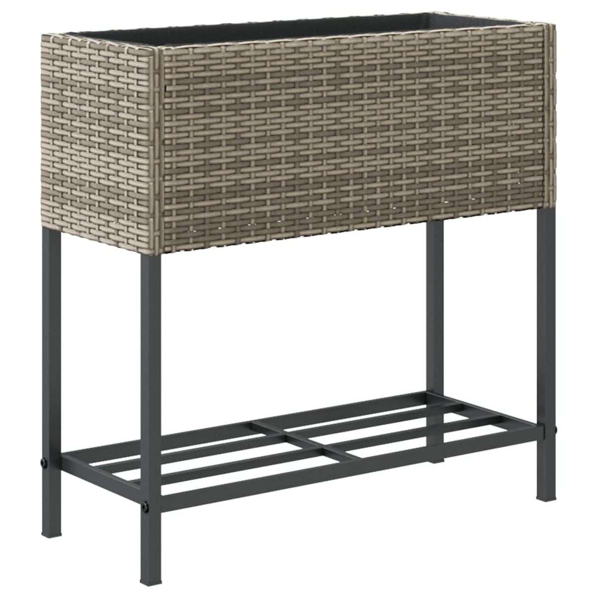 Un fioriera rettangolare in rattan grigio con supporto e ripiano in metallo.