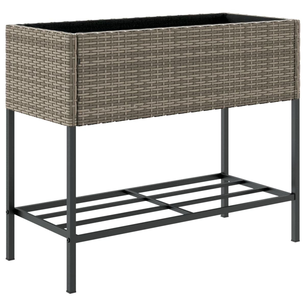 Ein rechteckiger Hochbeet aus grauer Rattan-Optik auf einem schwarzen Metallgestell mit Ablage.