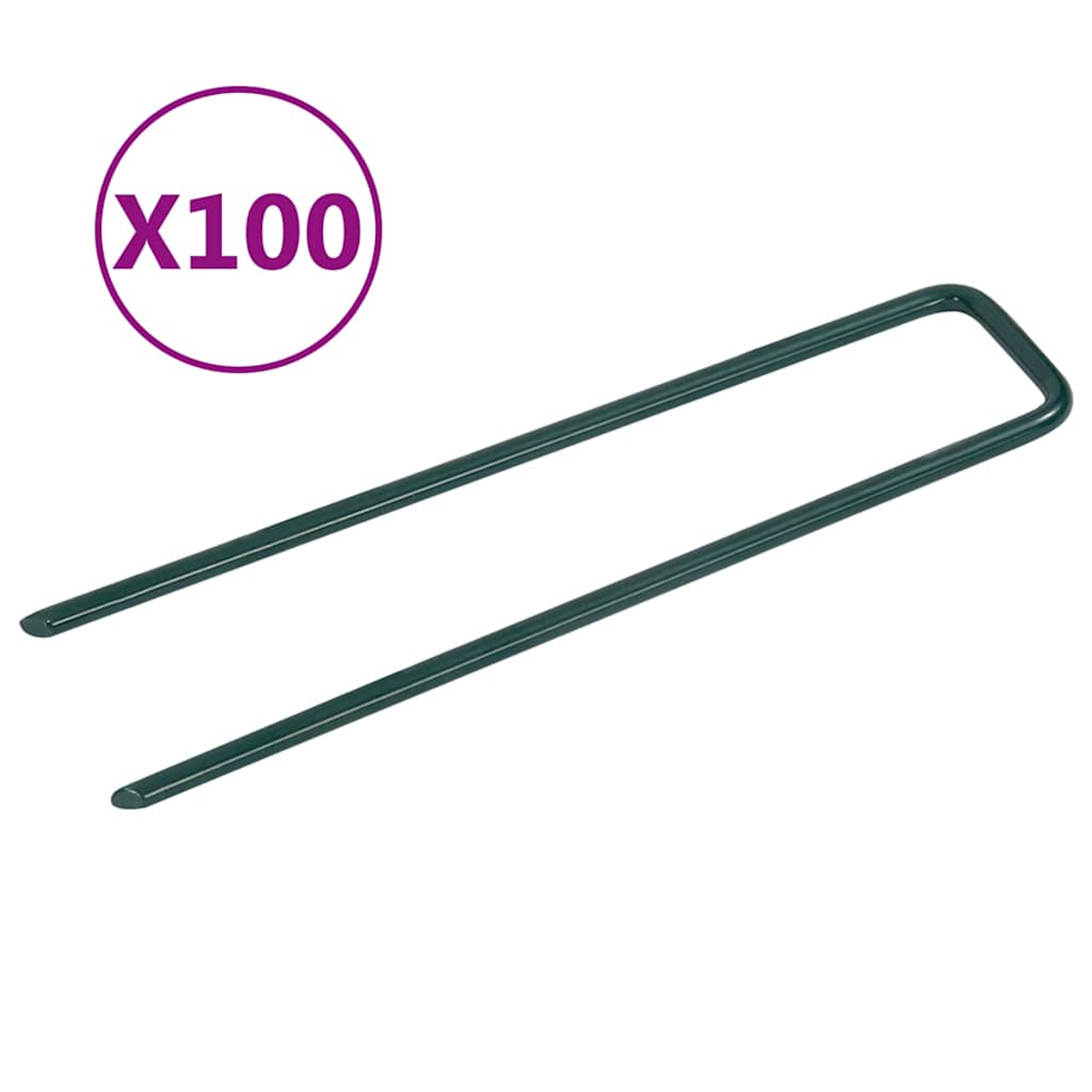 Zwei grüne U-förmige Heftklammern liegen nebeneinander, mit 'X100' in einem Kreis.