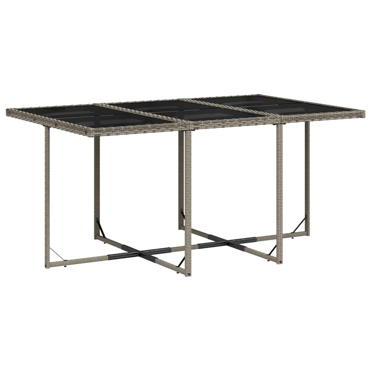 Grauer Rattantisch mit schwarzer Glasplatte und Metallbeinen.