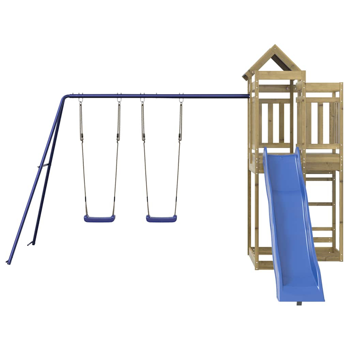 Ein Holzspielturm mit Rutsche und Schaukeln auf blauem Metallgestell.