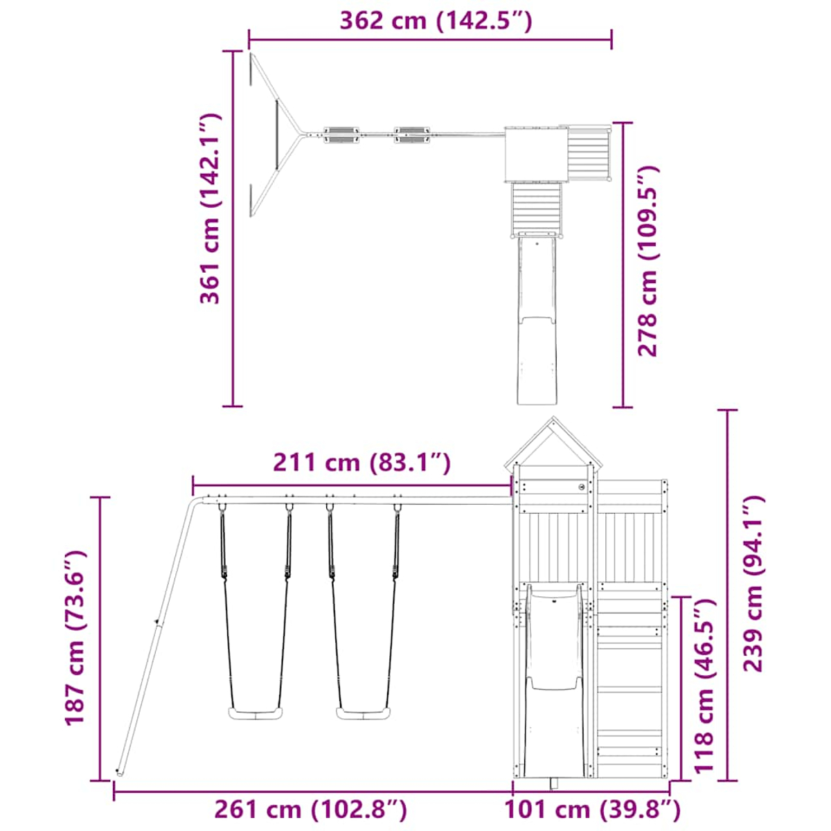 Diagramm mit Maßen einer Holzschaukel mit zwei Schaukeln und einer Rutsche.