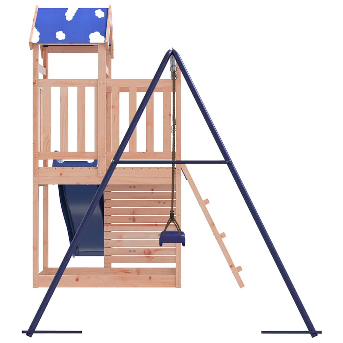Struttura gioco in legno con tetto blu, scivolo e altalena su sfondo bianco.