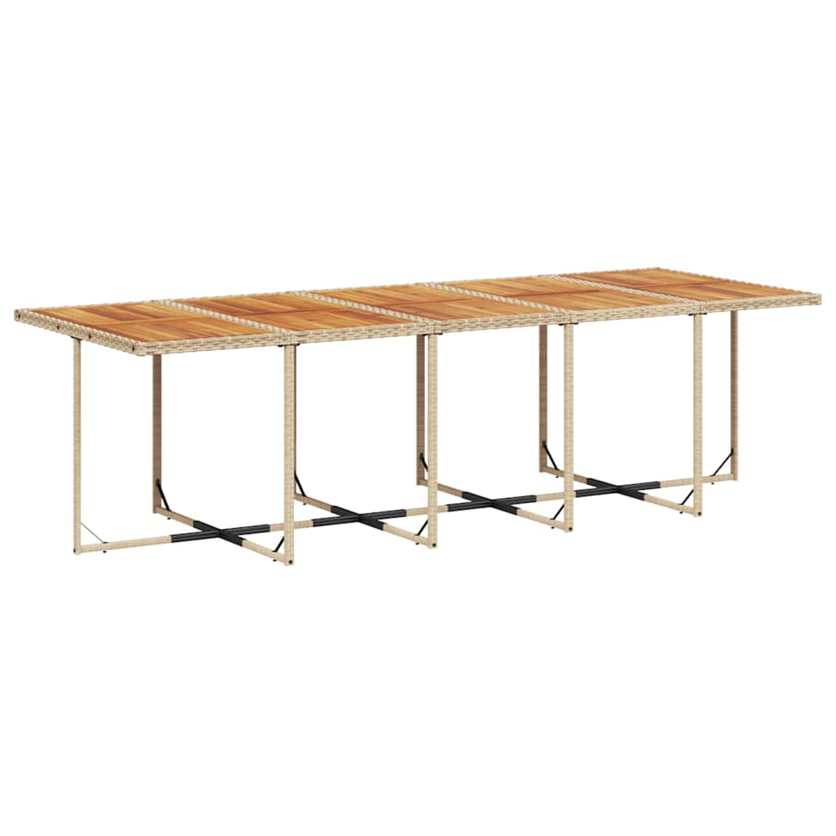 Una mesa rectangular larga de ratán con tapa de listones de madera y patas metálicas.