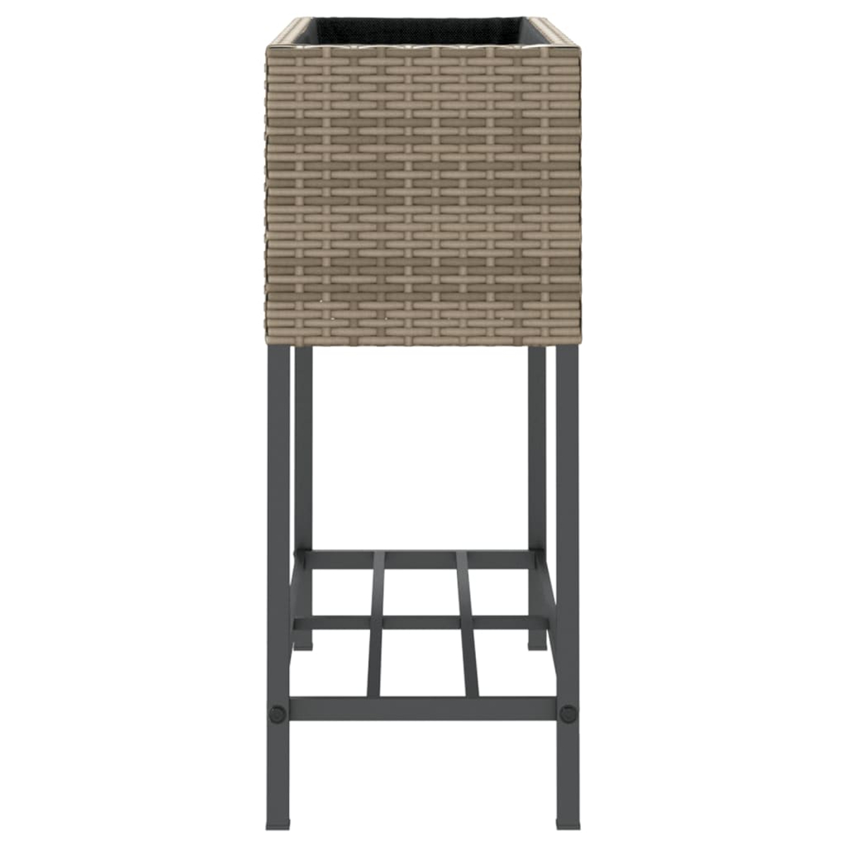 Un fioriera rialzata rettangolare in rattan grigio con telaio in metallo.