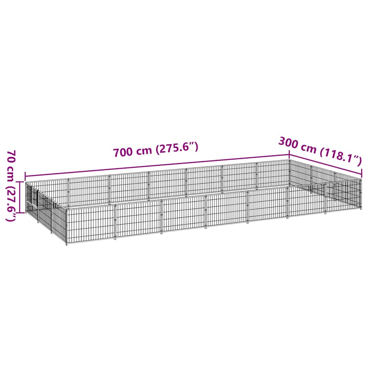 Ein großer, rechteckiger, silberner Metallzaun, 700 cm lang, 300 cm breit, 70 cm hoch.