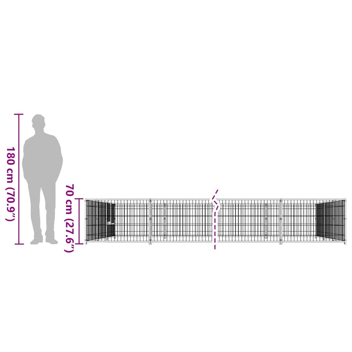 Eine Person steht neben einem langen, modularen Hundezwinger aus Metall mit Toren.