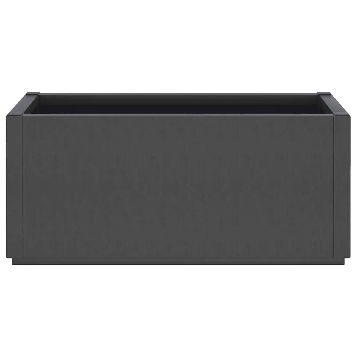 Ein rechteckiger, dunkler anthrazitfarbener Pflanzkasten aus Metall.