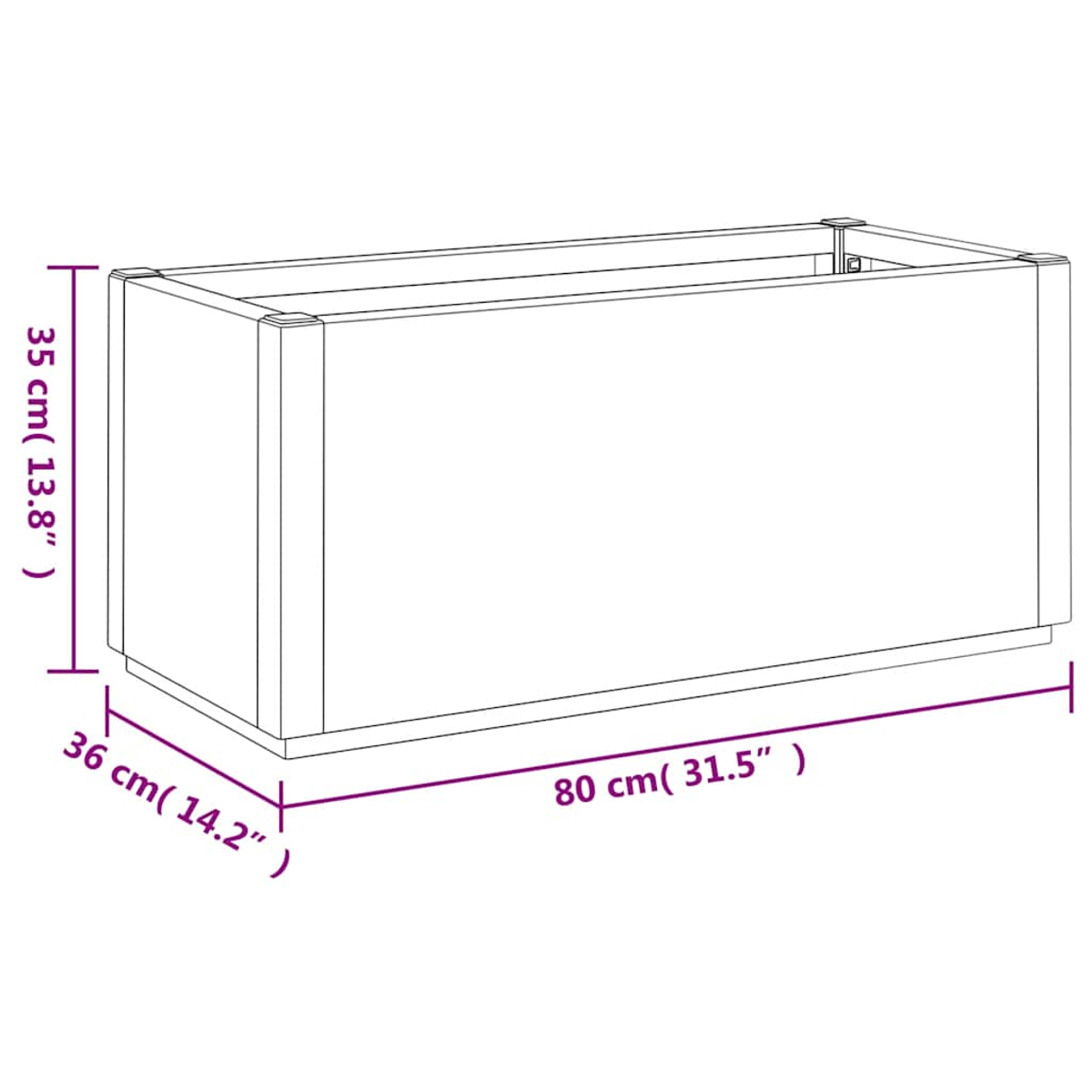 Ein weißer rechteckiger Behälter mit den Maßen 80x36x35 cm.