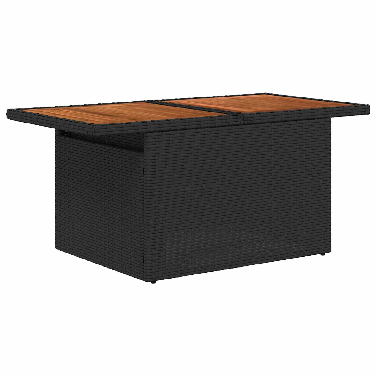 Ein schwarzer Rattan-Tisch mit Holzplatte, weier Hintergrund