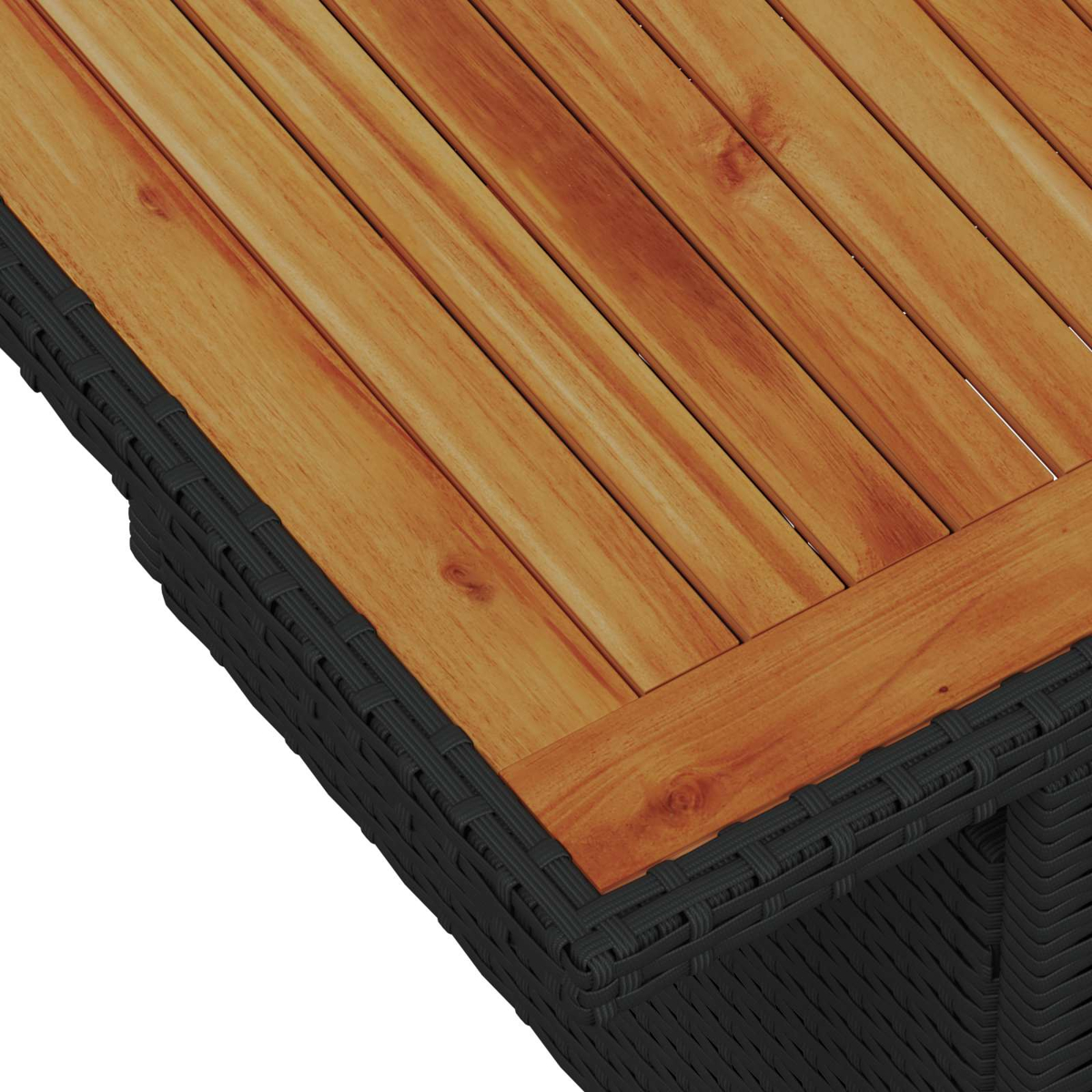 Holzoberfläche mit schwarzen Korbgeflechtkanten und Holzdielen.