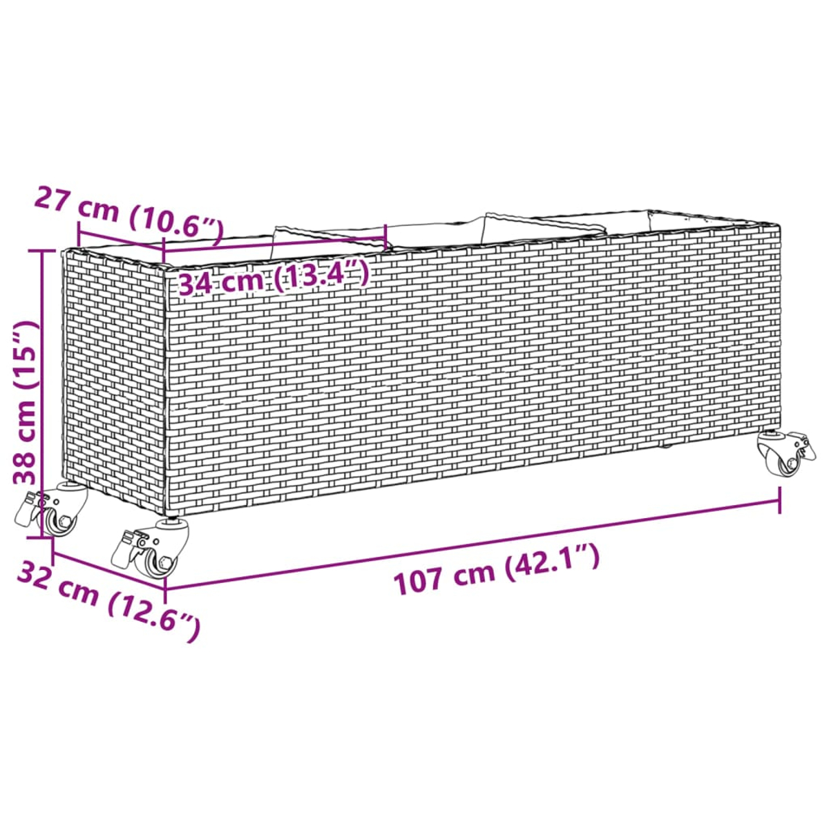 Cesto portabiancheria con ruote: 107x27x38 cm. Con 3 scomparti.