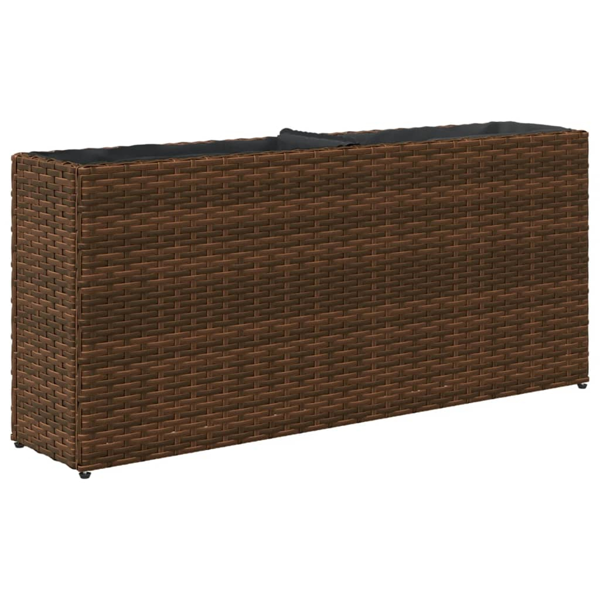 Contenitore in rattan marrone con fodera nera e piccole ruote.