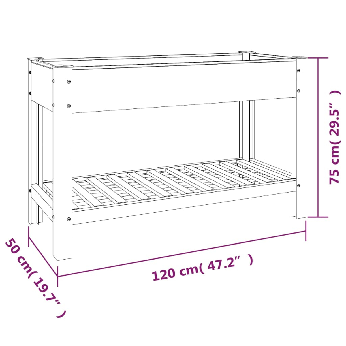 Zeichnung eines weißen Etagenbettrahmens, 120 cm lang, 50 cm breit, 75 cm hoch.