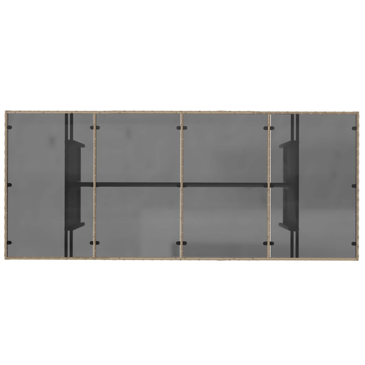 Estantería rectangular con paneles de cristal oscuro y marco de madera.