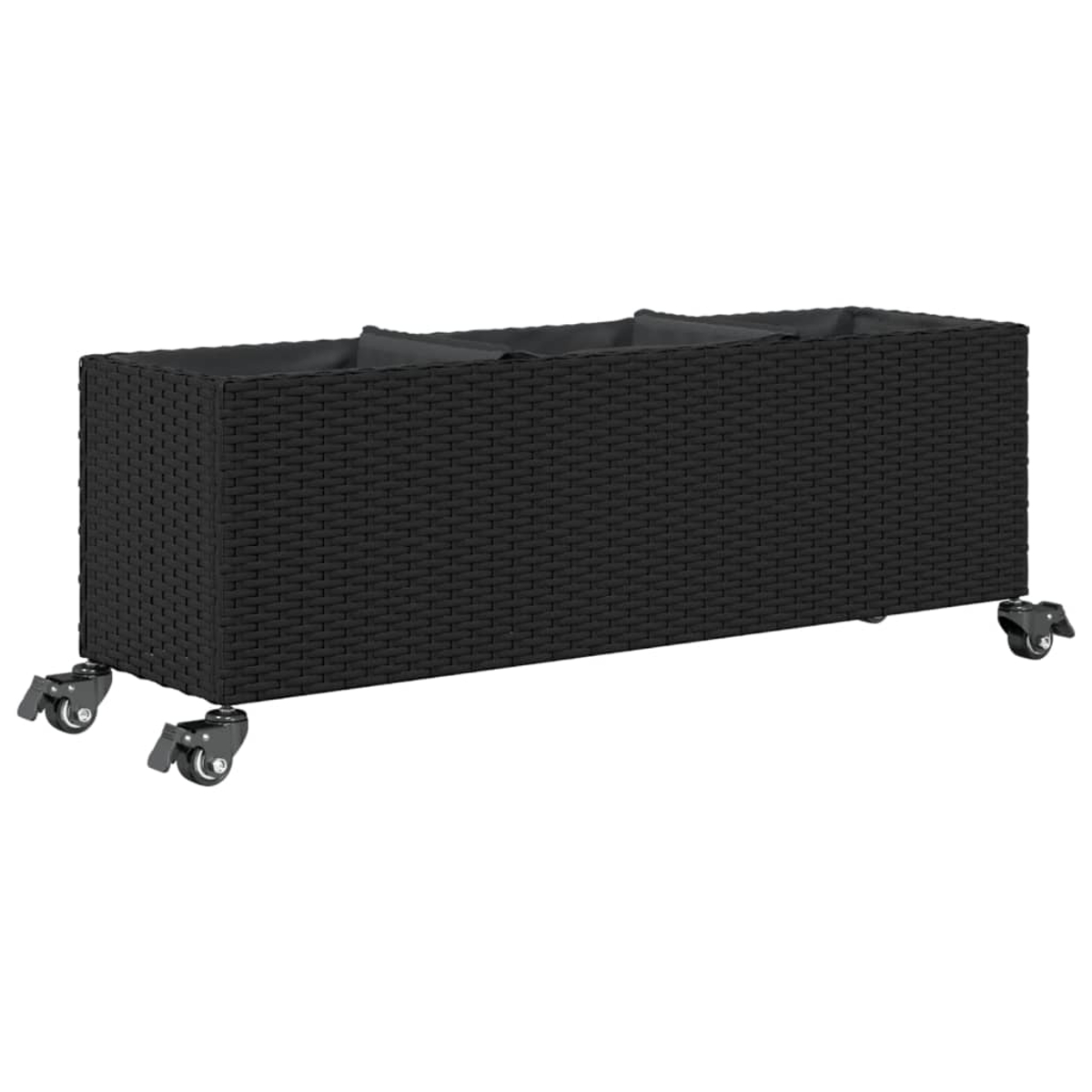 Fioriera rettangolare nera in rattan con ruote.
