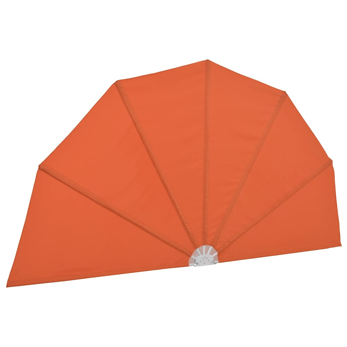 Eine orangefarbene Markise mit weißen Streben, die sich wie ein Fächer öffnet.