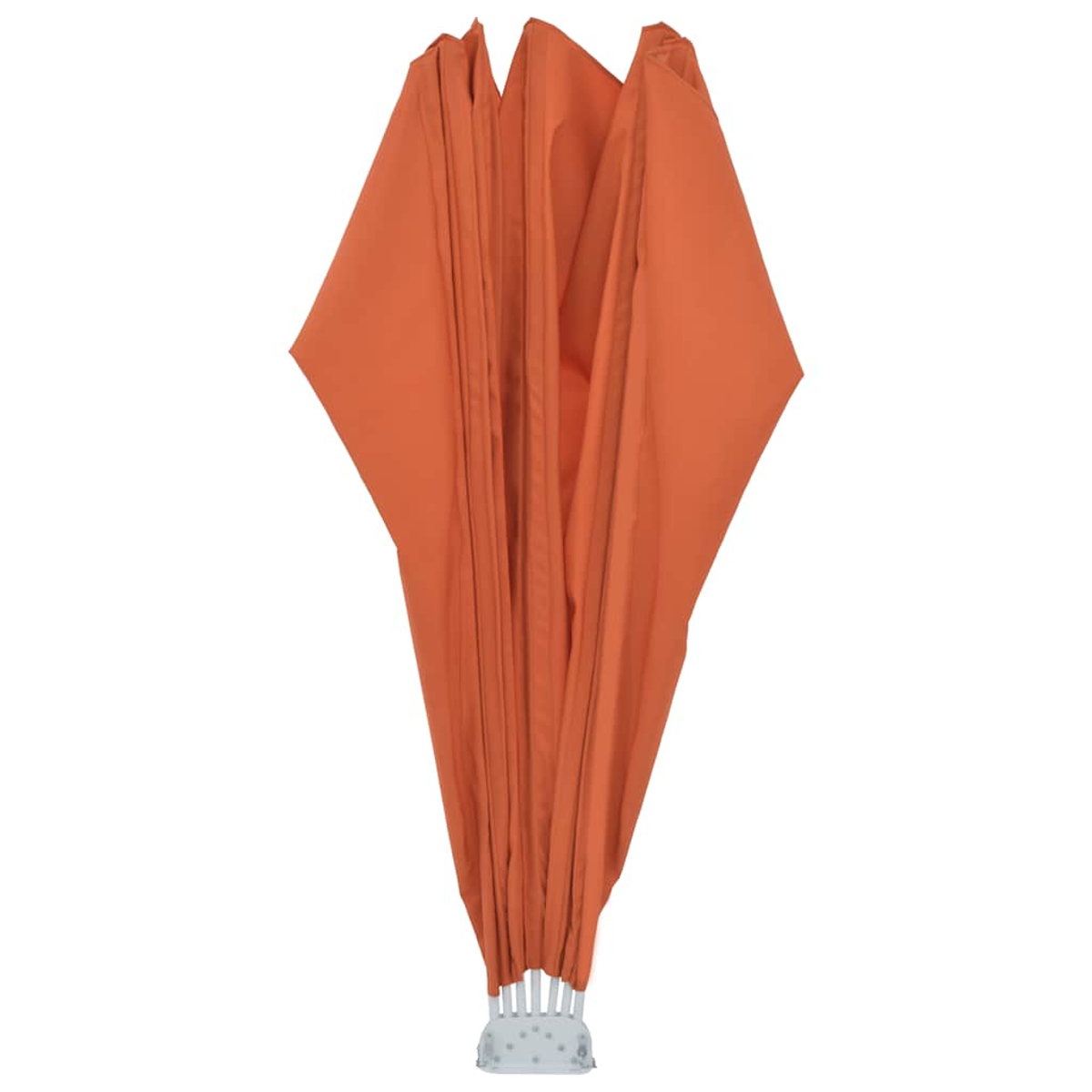 Orange Stoffschirm, zusammengeklappt, mit weißem Griffstück.