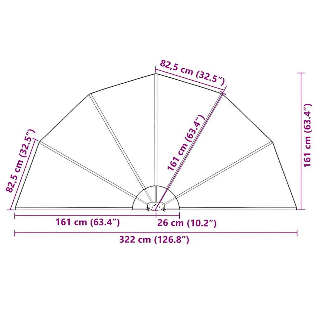 Diagramm eines Gewächshauses mit Maßen: 322 cm breit, 82,5 cm Seitenhöhe.