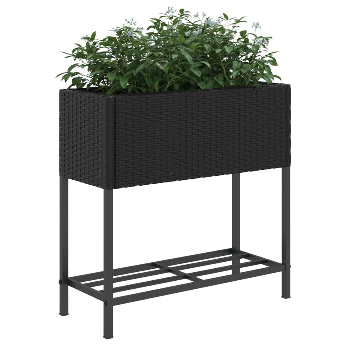Una fioriera rialzata nera effetto rattan su supporto metallico con piante.