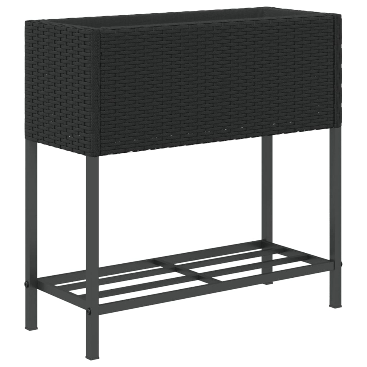 Fioriera nera in rattan su telaio metallico con ripiano.
